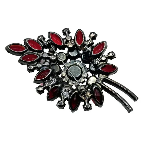 Juliana Brooch Earrings Jewelry Set Red Rhinestone Aurora Borealis Vintage Costu - Picture 5 of 12